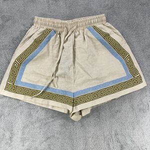 VRG GRL Sweat Shorts Women's 6 Beige Printed Linen High-Rise Cotton Drawstring